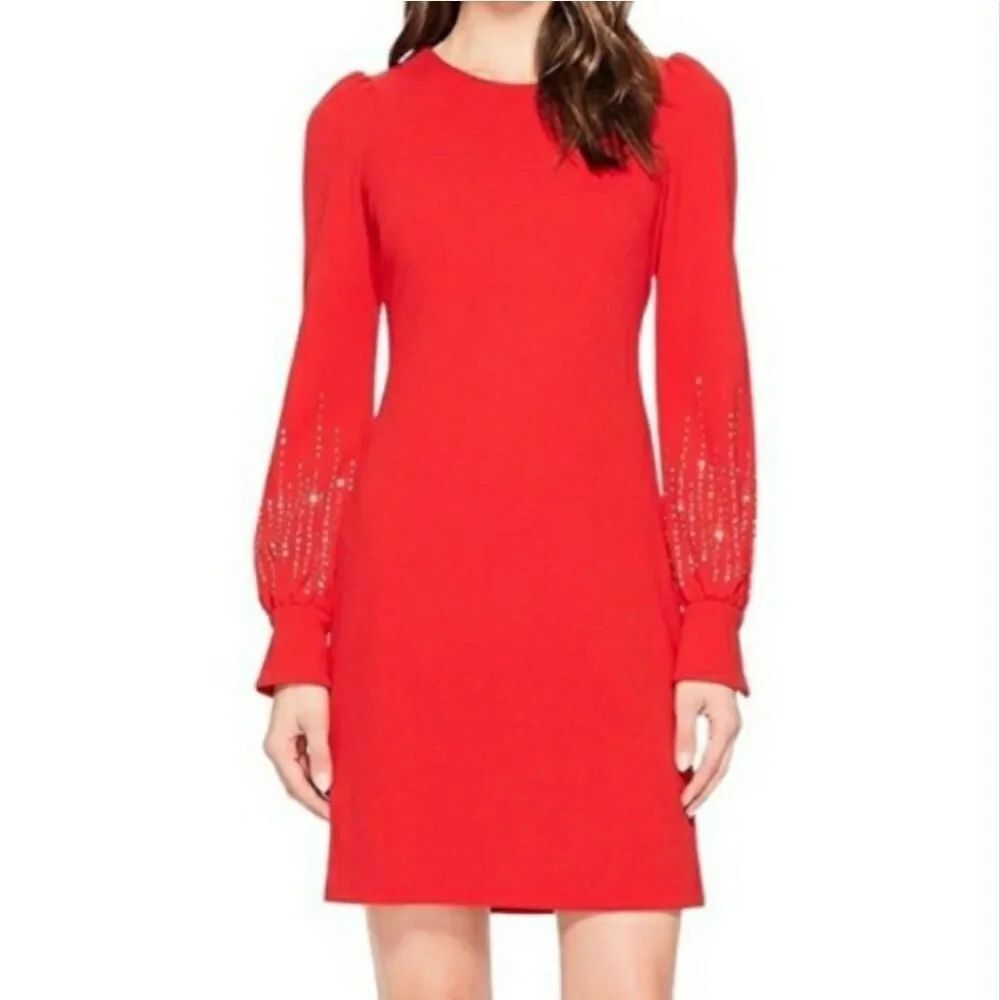 Calvin Klein Size 8 Long Sleeve Shift Dress Red Rhinestone Crystal Embellished